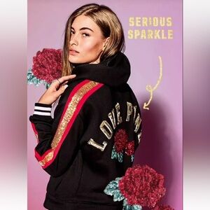 Victoria's Secret PINK Perfect Hoodie Sequin Bling Roses Black/Gold/Red Size XS